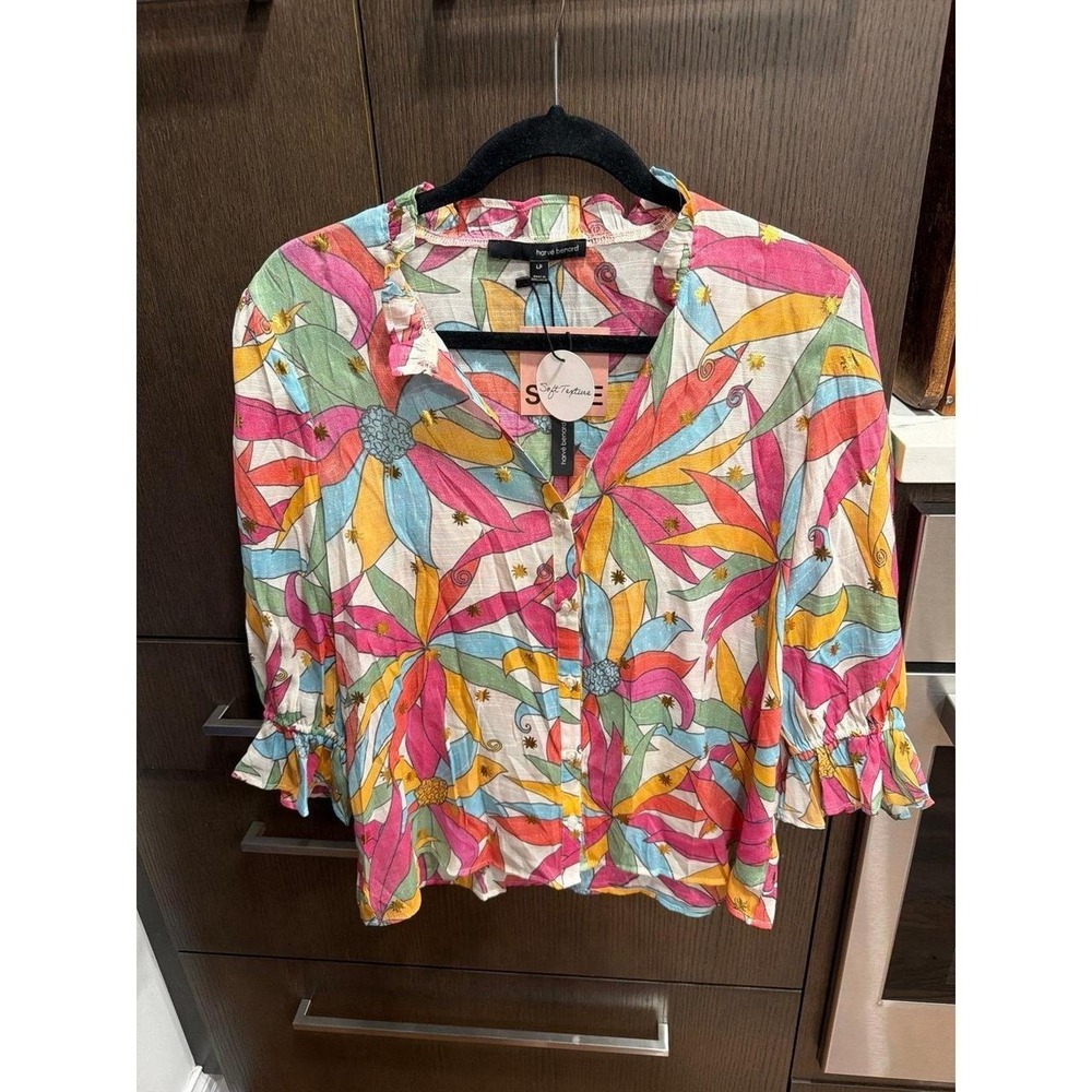 Harvé Benard vintage abstract floral multicolor sheer blouse‎ ruffled nwt L